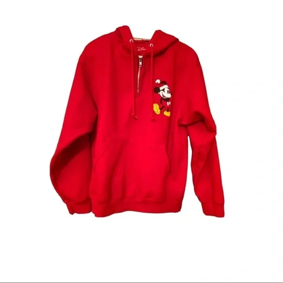 Disney Red Christmas Hoodie Mickey Mouse Santa Hat 1/4 Zip Womens Sz M. … - Picture 2 of 7